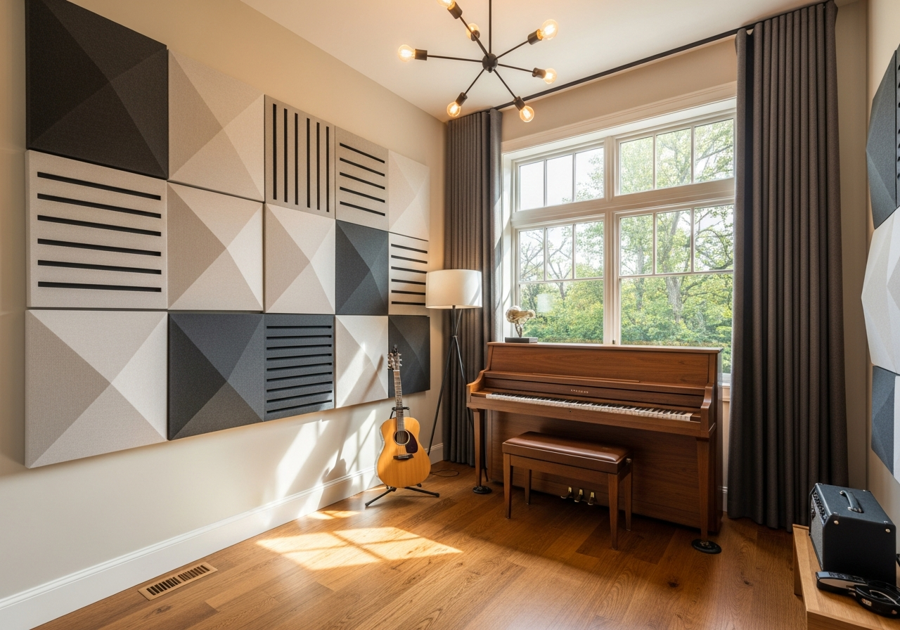 Music practice room with custom geometric acoustic panels, piano and guitar